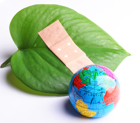 eco ecology ecological nature or environmental concept with green leaf and plaster on white