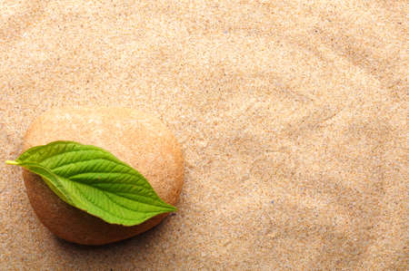 zen stone with leaf on sand showing spa conceptの写真素材