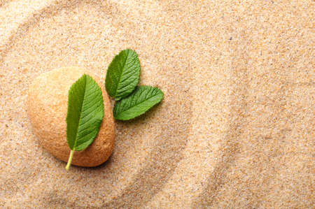 zen stone garden and leaf on sand showing spa conceptの写真素材