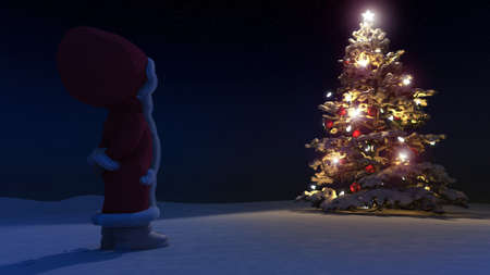 Stunning puppet in front of illuminated Christmastreeの写真素材