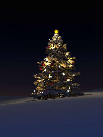 Illuminated Christmas tree in snow の写真素材