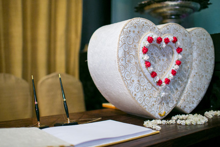 book for the newlyweds congratulation and beautiful wedding gifts box for guests at wedding reception. decoration arrangements at Thailand wedding partyの写真素材