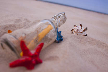Beach compositions. Botlle brought by the waterの写真素材