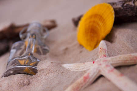 Beach compositions. Botlle brought by the waterの写真素材