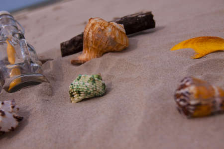 Beach compositions. Botlle brought by the waterの写真素材