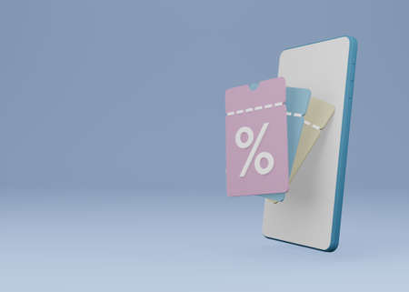 3d rendering of mobile phone with discount coupon, online shopping concept get discountの写真素材