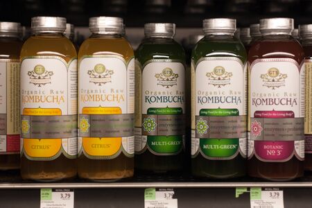 kombucha tea on store shelf in different flavoursのeditorial素材
