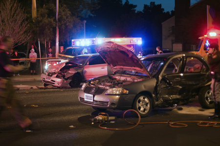 Bad Car Accident by night with flashing lights