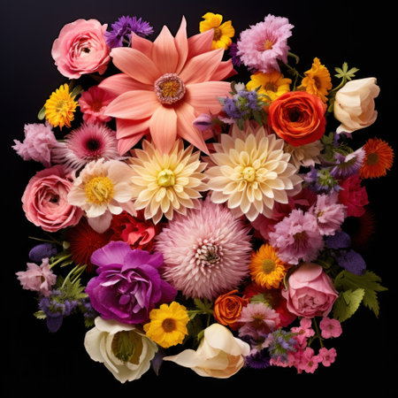 Beautiful bouquet of different flowers on black background, top viewの素材