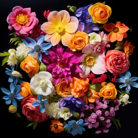 Colorful bouquet of spring flowers on black background, top viewの素材