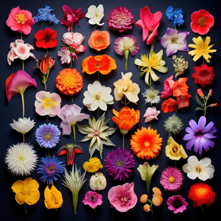 Collection of colorful flowers on dark background. Flat lay, top view.の素材