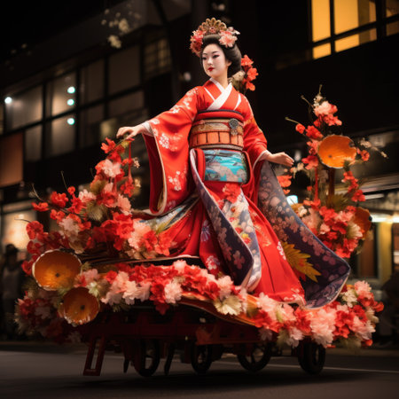 Beautiful asian woman in kimono walking on the streetの素材