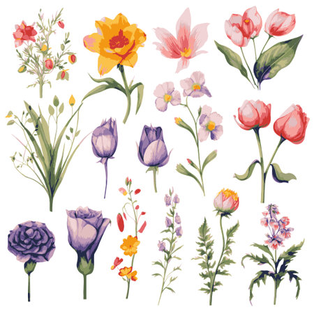 Set of hand drawn spring flowers. Vector illustration. Vintage style.のイラスト素材