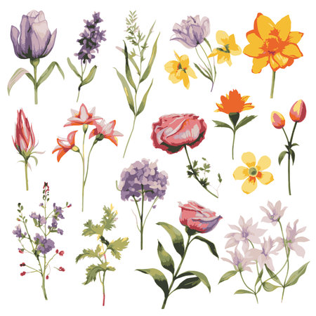 Set of watercolor flowers. Hand drawn vector illustration isolated on white background.のイラスト素材