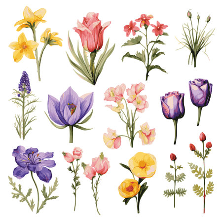 Set of spring flowers. Hand drawn vector illustration in watercolor style.のイラスト素材