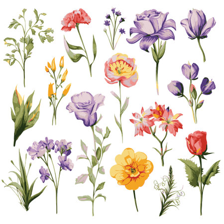Set of hand drawn watercolor flowers isolated on white background. Vector illustration.のイラスト素材