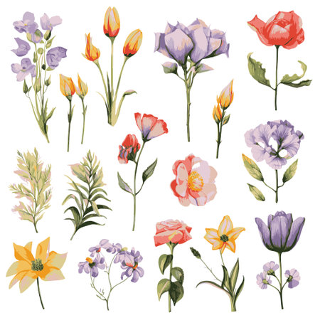 Set of watercolor flowers. Hand drawn vector illustration isolated on white background.のイラスト素材