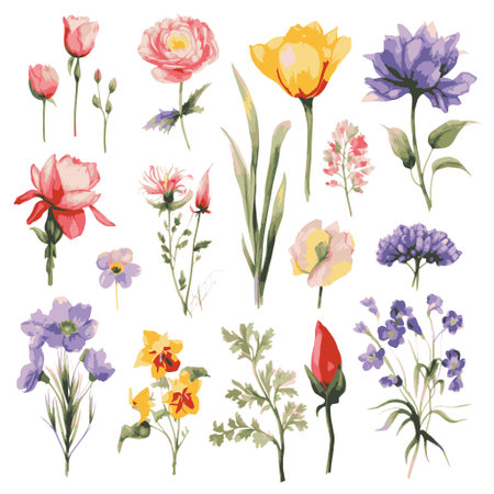 Set of watercolor flowers isolated on white background. Vector illustration.のイラスト素材
