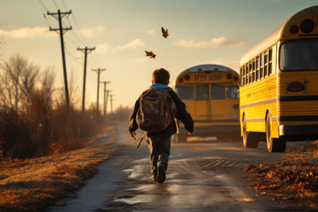 Back view of a schoolboy with a backpack and a school bus in the backgroundの素材
