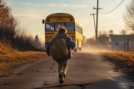 Back view of schoolboy running to school bus. Back to school concept.の素材