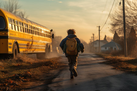 Back view of a schoolboy running along a rural road with a school bus in the backgroundの素材