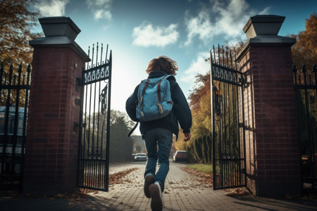 A young man with a backpack walks along the path in the park.の素材
