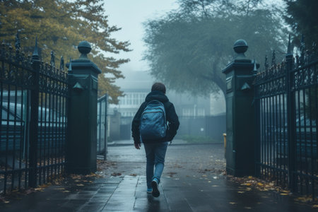 Young man with backpack walking in the city street on a foggy autumn dayの素材