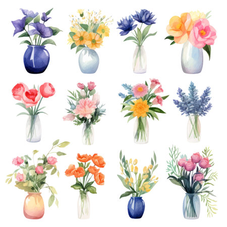 Watercolor bouquets of flowers in vases isolated on white backgroundのイラスト素材