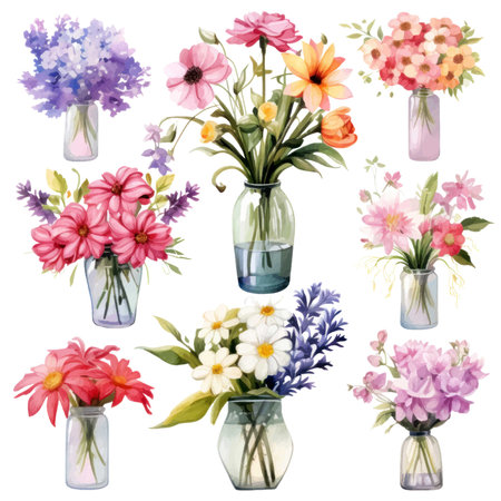 Watercolor bouquets of flowers in vases. Illustrationのイラスト素材