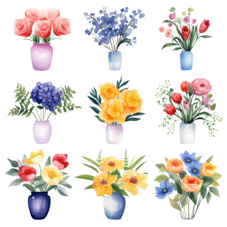 Watercolor bouquets of flowers in vases. Vector illustration.のイラスト素材
