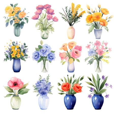 Watercolor bouquets of flowers in vases. Vector illustration.のイラスト素材