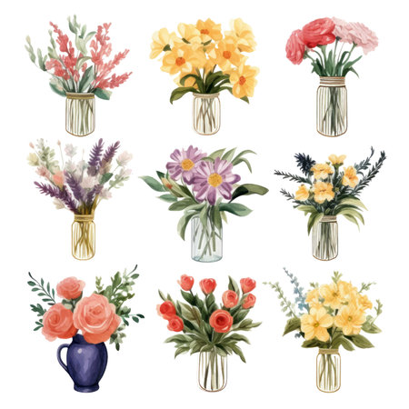 Watercolor bouquets of flowers in vases, isolated on white backgroundのイラスト素材