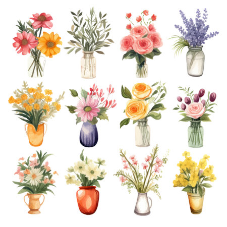 Bouquets of flowers in vases, watercolor illustrationのイラスト素材