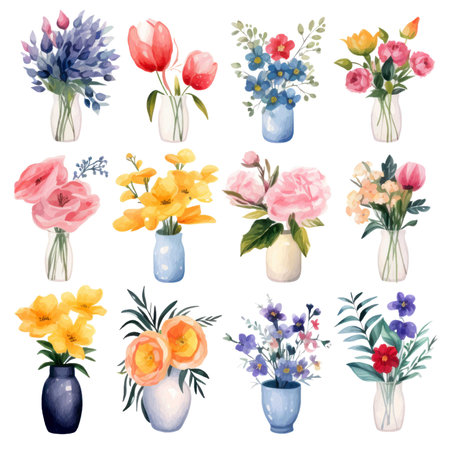 Watercolor bouquets of flowers in vases isolated on white backgroundのイラスト素材