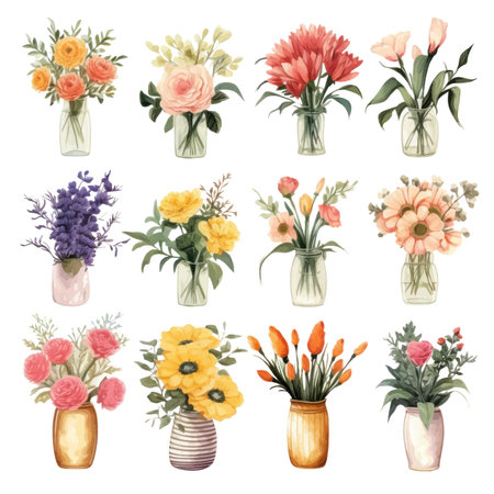 Bouquets of flowers in vases. Watercolor illustrationのイラスト素材