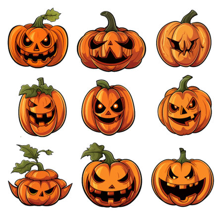 Halloween pumpkins with carved faces. Vector set of cartoon icons.のイラスト素材