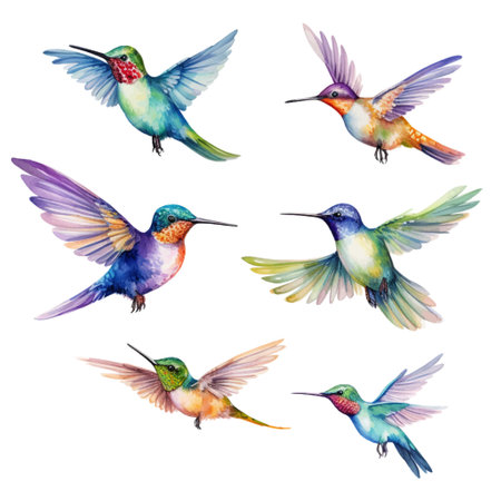 Watercolor hummingbirds set isolated on white background. Hand drawn vector illustration.のイラスト素材