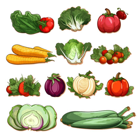 Vegetables set. Cabbage, eggplant, tomato, carrot, onion, zucchini, pepper, cucumber, radish, onion, tomato, garlic, pepper, parsley. Vector illustration.のイラスト素材