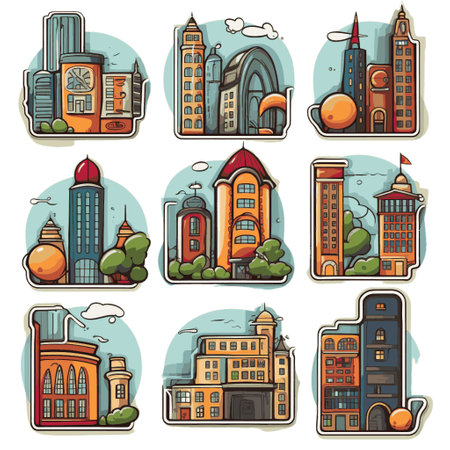 City buildings icon set. Vector illustration in cartoon style isolated on white background.のイラスト素材