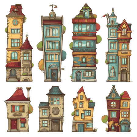 Vector set of cartoon houses in vintage style. Isolated on white background.のイラスト素材