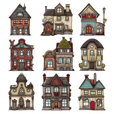 Set of vintage houses. Vector illustration. Isolated on white background.のイラスト素材