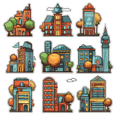 Set of colorful cartoon city buildings. Isolated vector illustration on white background.のイラスト素材