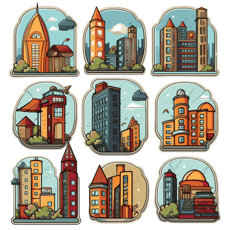 Vector set of city buildings in cartoon style. Collection of city icons.のイラスト素材