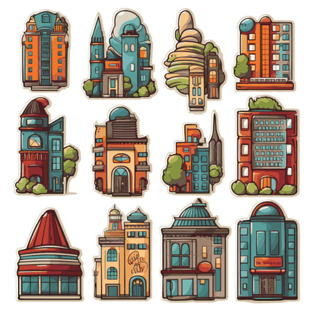 Set of colorful city buildings icons isolated on white background. Vector illustration.のイラスト素材