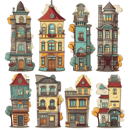 Set of colorful houses in cartoon style isolated on white background. Vector illustration.のイラスト素材