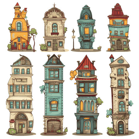 Set of vintage houses in the style of cartoon. Vector illustration.のイラスト素材