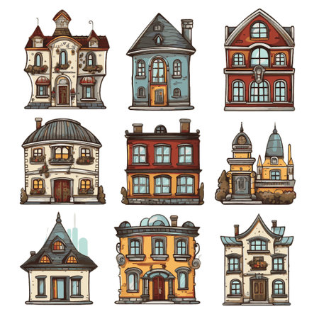 Set of old european houses. Hand drawn vector illustration.のイラスト素材
