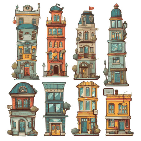 Set of old buildings. Hand drawn vector illustration in cartoon style.のイラスト素材