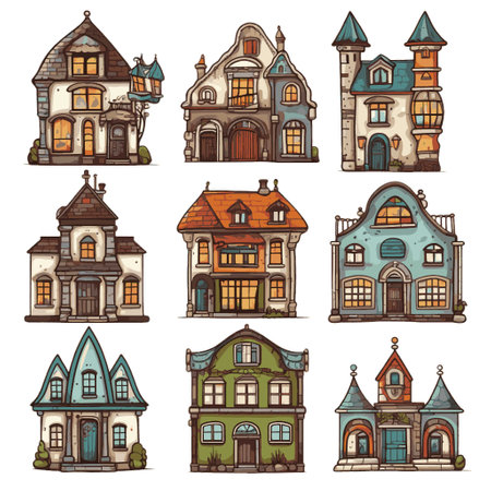 Set of hand drawn houses isolated on white background. Vector illustration.のイラスト素材