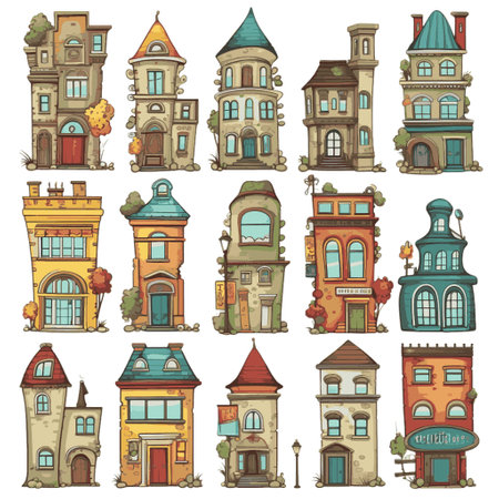 Set of cartoon houses in vintage style. Vector illustration isolated on white background.のイラスト素材